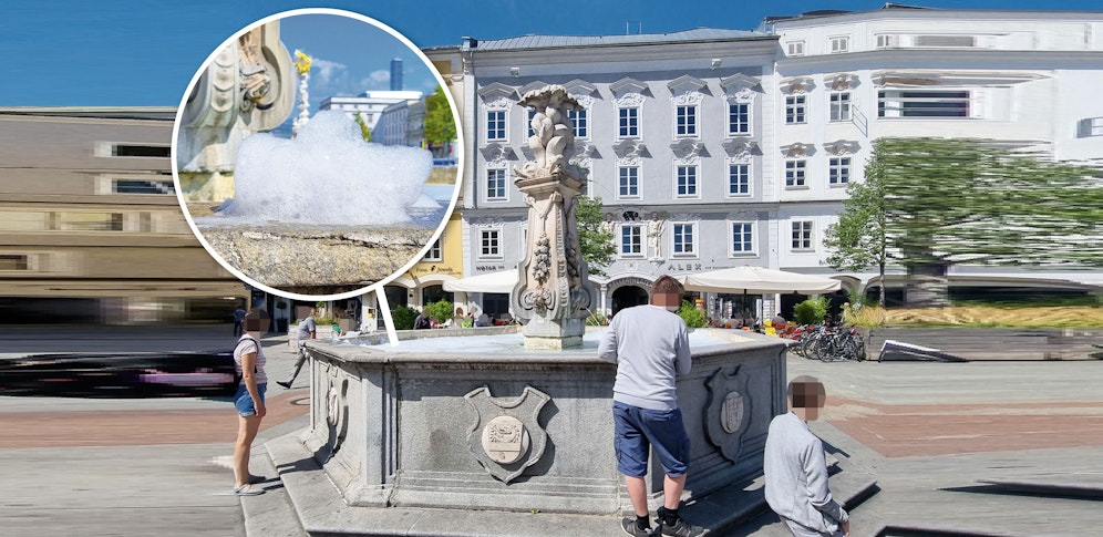 Shampoo wurde in den Neptunbrunnen auf dem Linzer Hauptplatz gefüllt.