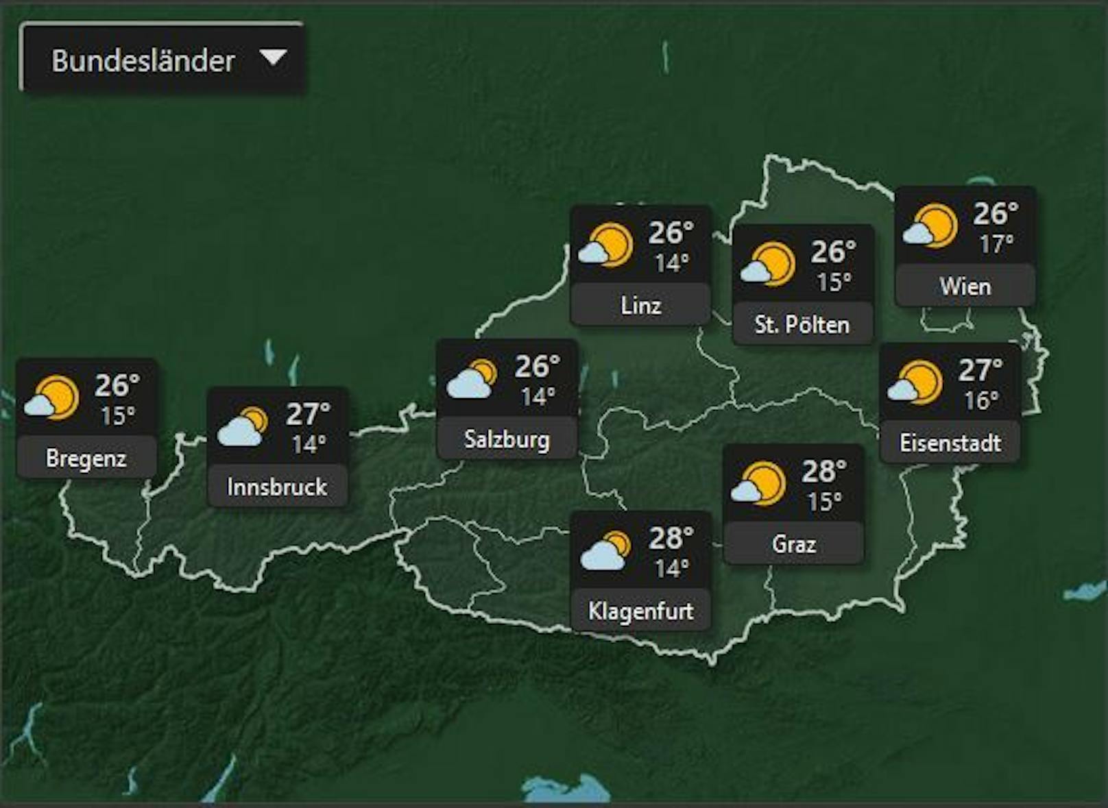 Am Freitag dem 8. Juli wird es passend zum Wochenende in ganz Österreich sonnig mit Höchsttemperaturen von 28°.&nbsp;