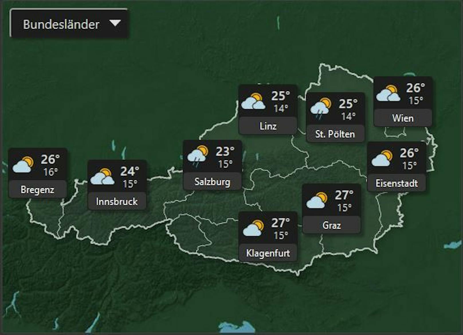 Am 5. Juli erreichen die Temperaturen in ganz Österreich bis zu 27°. In den Regionen St. Pölten bis Salzburg kann es zu Regenschauern kommen.&nbsp;&nbsp;