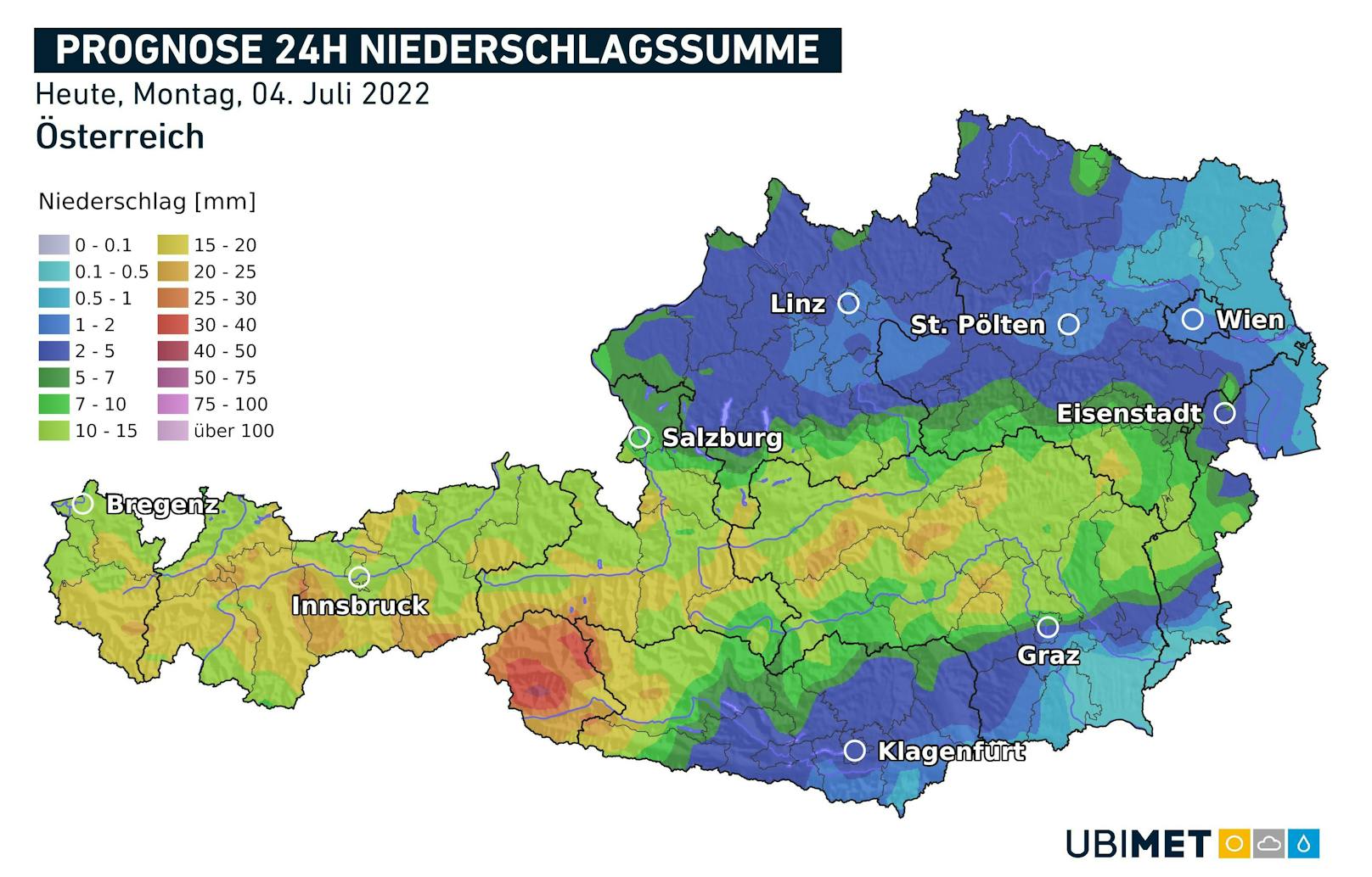<strong>Die 24h-Niederschlagsprognose für Montag:</strong> Besonders in Osttirol wird es viel regnen.