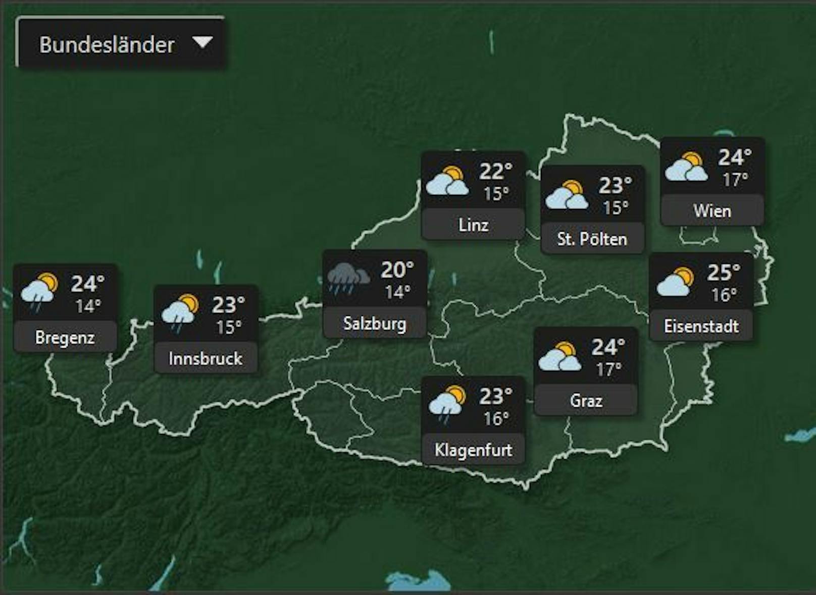 Das Wetter nächsten Montag, dem 11 Juli ist gleichmäßig in ganz Österreich mit Temperaturen bis zu 25° und vereinzelten Regenschauern.&nbsp;