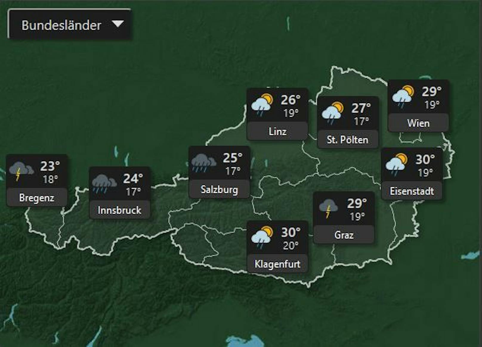 Am Sonntag sind in Vorarlberg und Tirol starke Unwetter zu erwarten. Der Osten Österreichs lockert wieder auf und es ist mit Höchsttemperaturen von 30° zu rechnen.&nbsp;