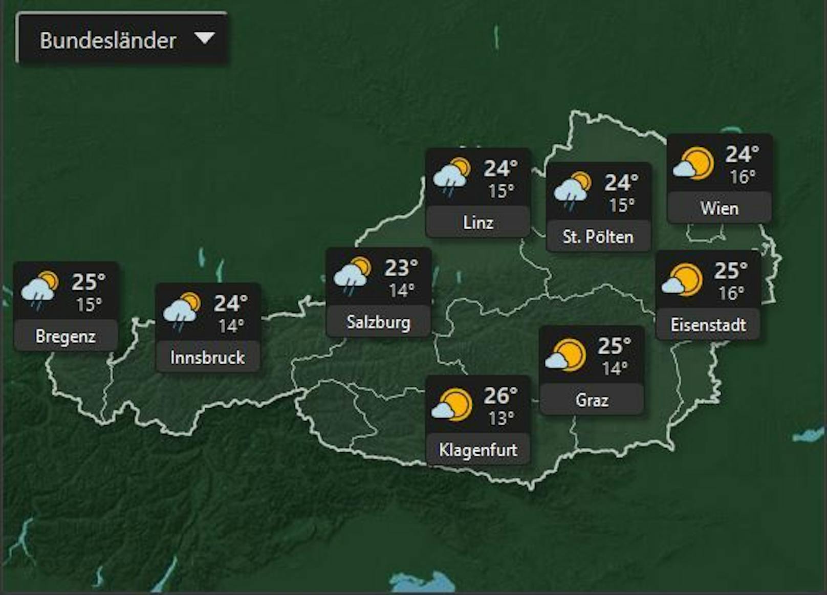Diesen Donnerstag, dem 7. Juli werden gemäßigte Temperaturen erwartet mit angenehmen Höchstwerten von 26°. Vor allem in Oberösterrreich, Salzburg, Tirol und in Vorarlberg kann es über den Tag verteilt regnen.