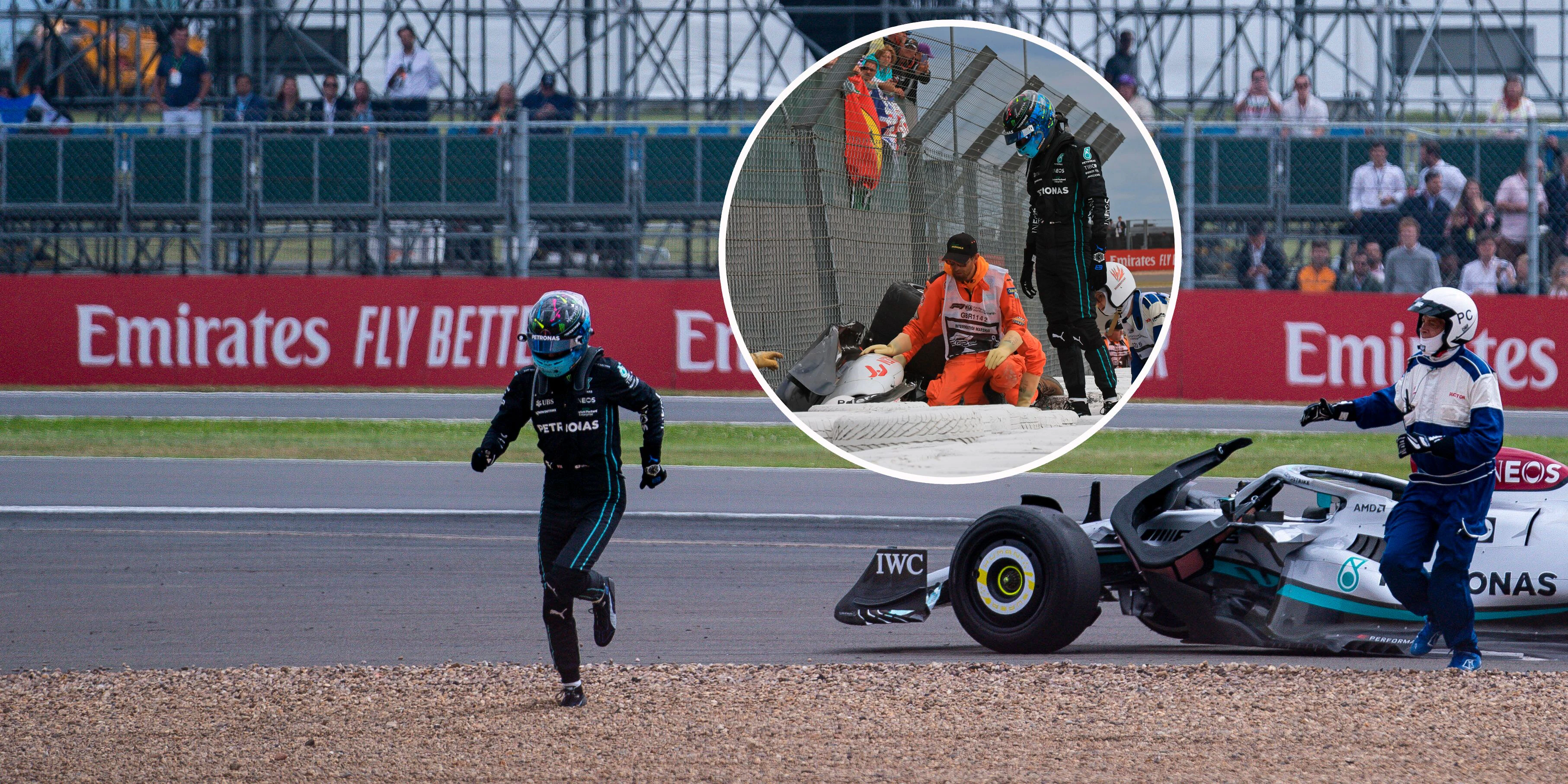 George Russell sprintet von seinem verunfallten Mercedes zum Wrack von Guanyu Zhou.