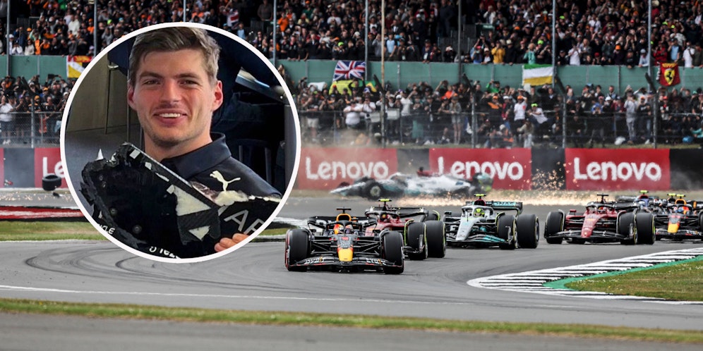 Max Verstappen zeigt das Stück des AlphaTauri, das in seinem Unterboden steckte.