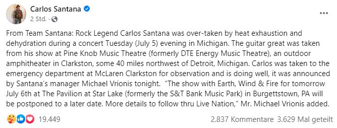 Santanas Team meldete sich nach dem Kollaps auf Facebook: "Es geht ihm gut".