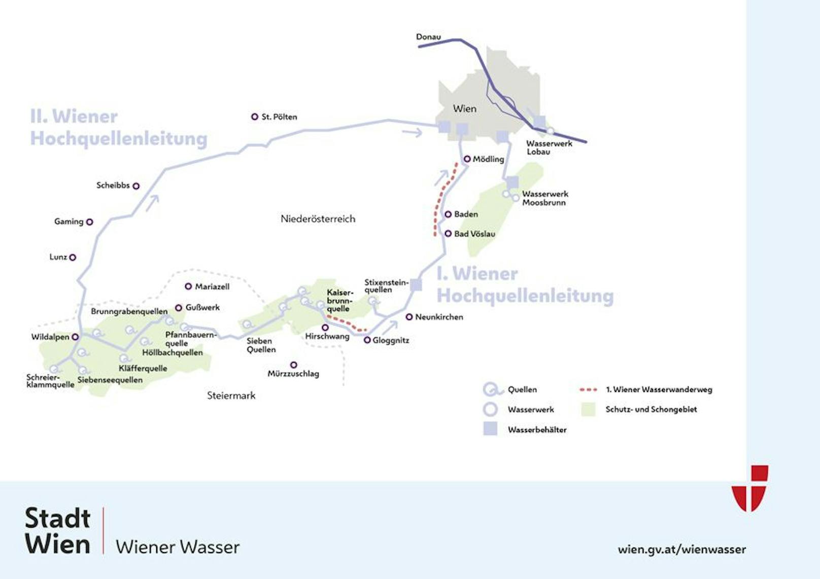 So verlaufen die I. und II. Wiener Hochquellenleitung, die Wien mit frischem Trinkwasser versorgen.