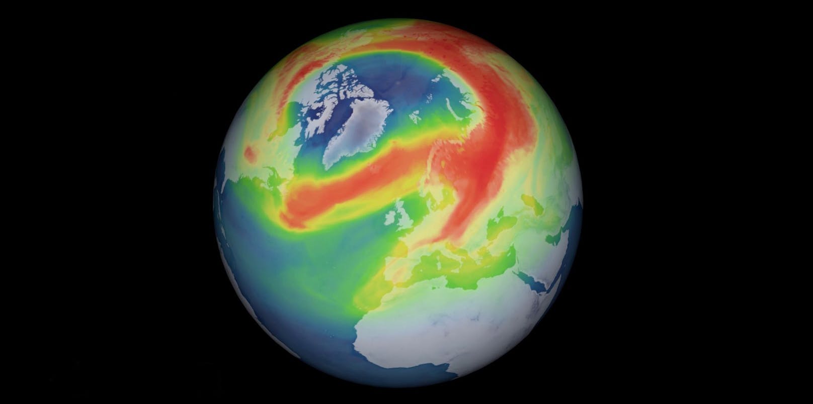 Die Dicke der Ozonschicht ist farblich von blau (am niedrigsten) über grün und gelb bis rot (am höchsten) kodiert.