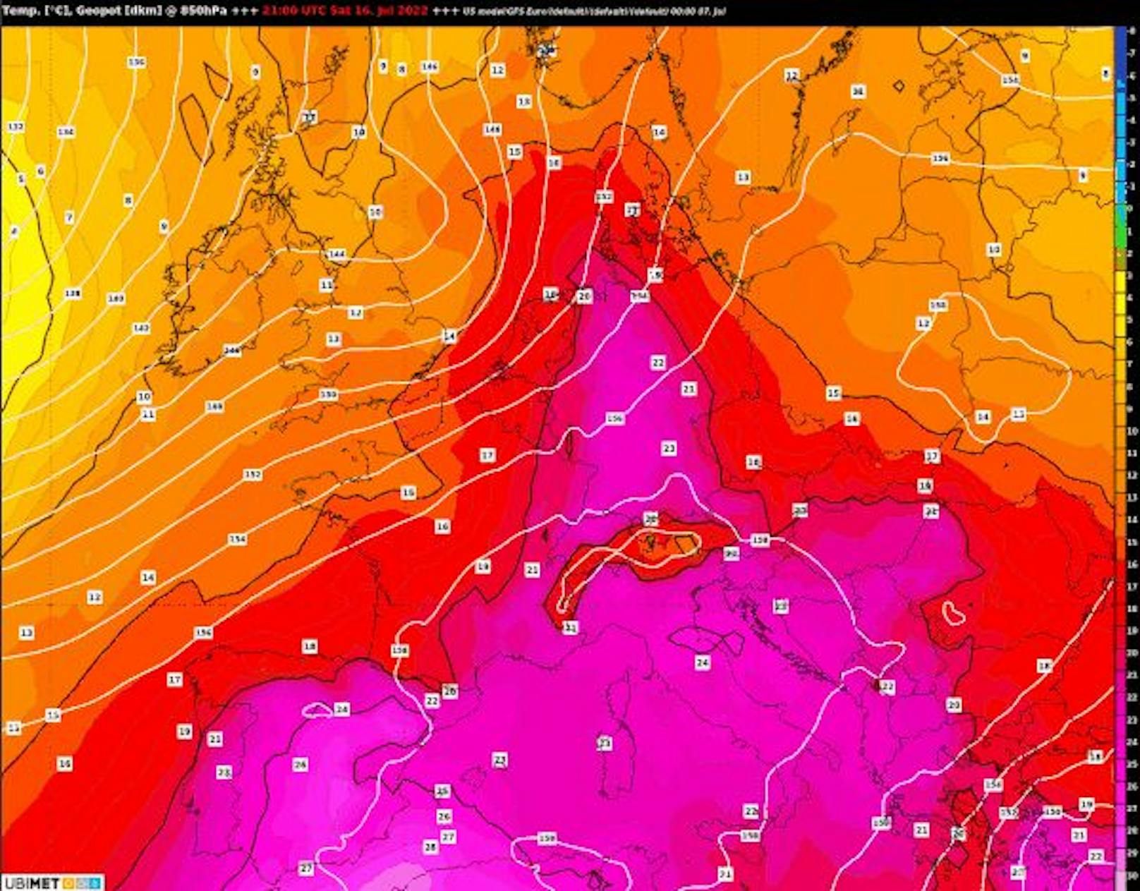 Prognose der Temperatur in 850hPa für 16. Juli 2022, 21 Uhr UTC.