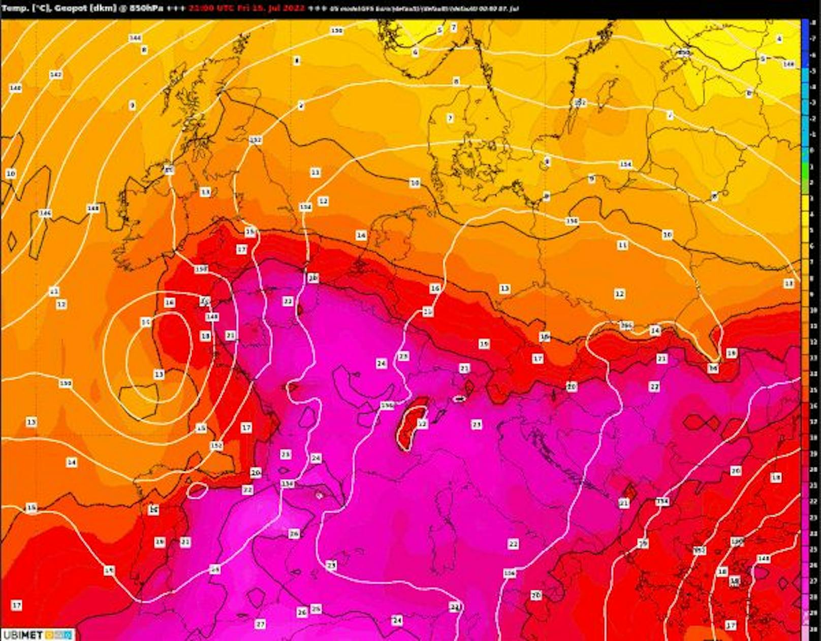 Prognose der Temperatur in 850hPa für 15. Juli 2022, 21 Uhr UTC.