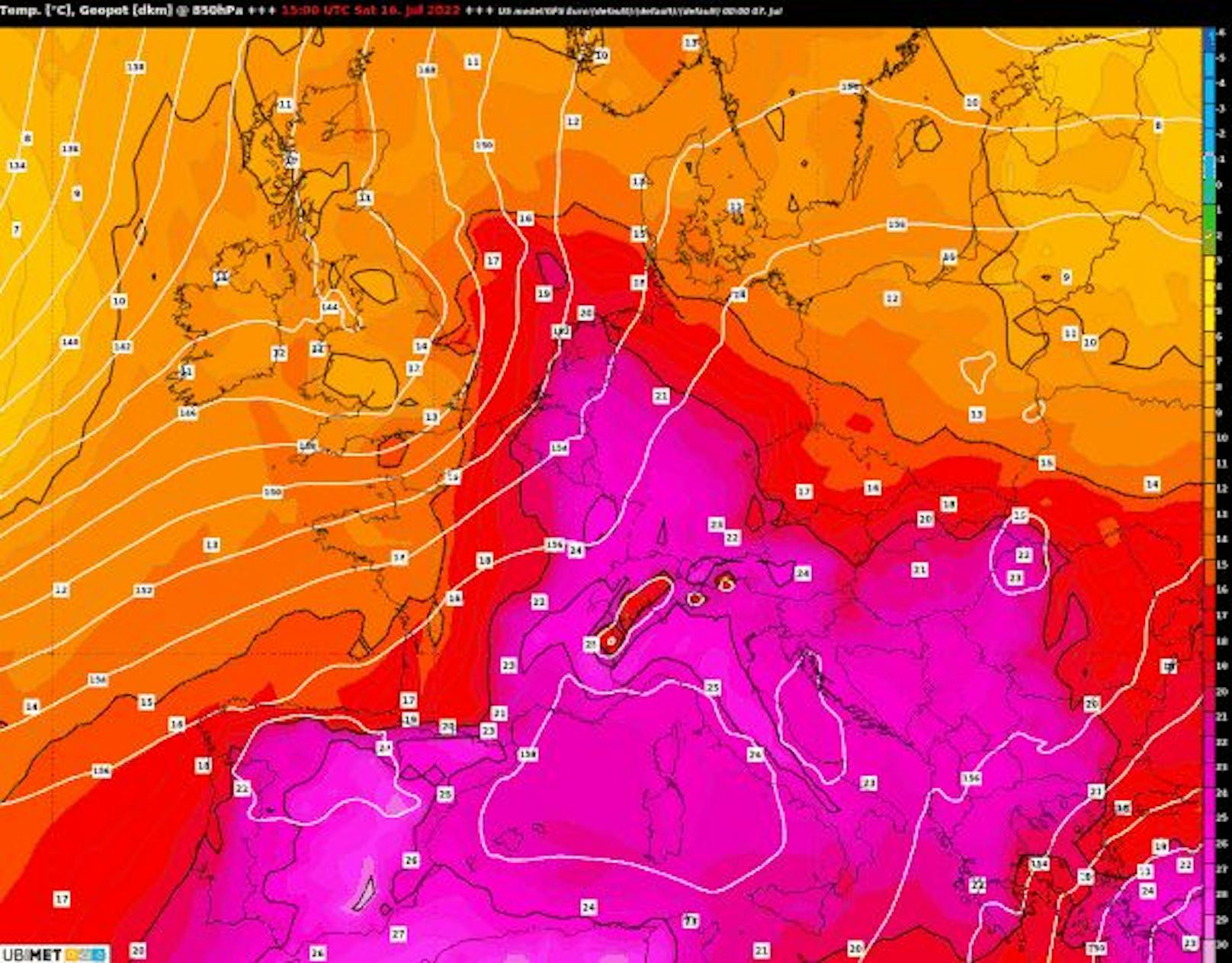 Prognose der Temperatur in 850hPa für 16. Juli 2022, 15 Uhr UTC.