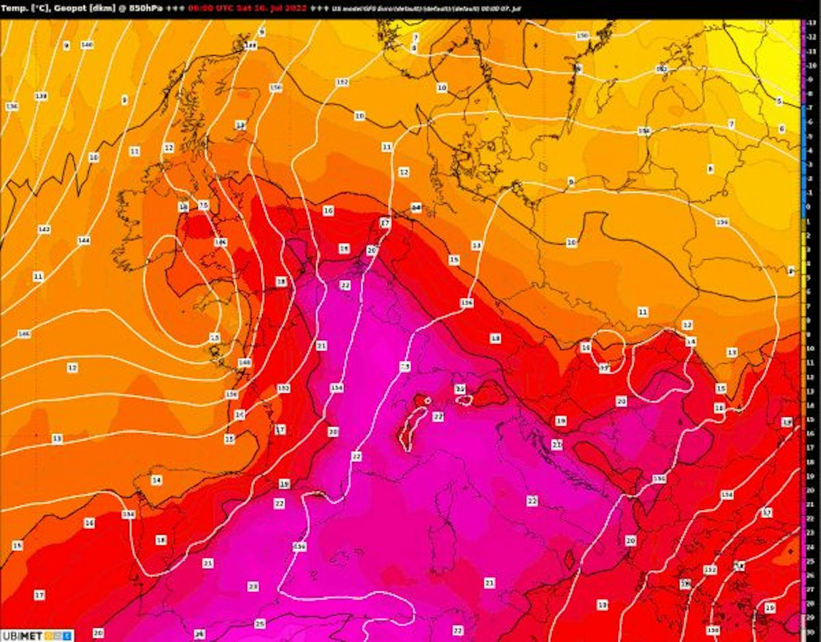 Prognose der Temperatur in 850hPa für 16. Juli 2022, 06.00 Uhr UTC.