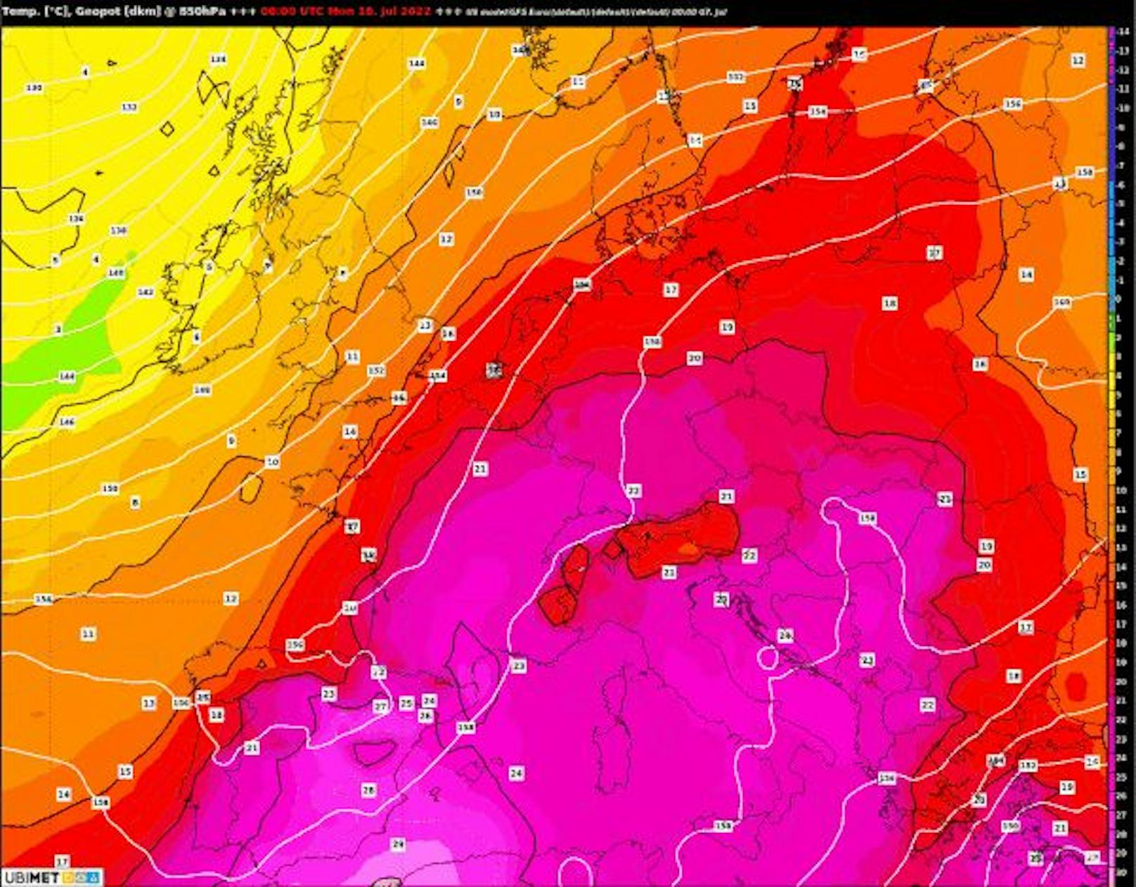 Prognose der Temperatur in 850hPa für 18. Juli 2022, 0.00 Uhr UTC.