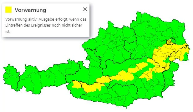 Sturm-Vorwarnungen entlang des Alpenhauptkamms für Sonntag. Stand 7.30 Uhr