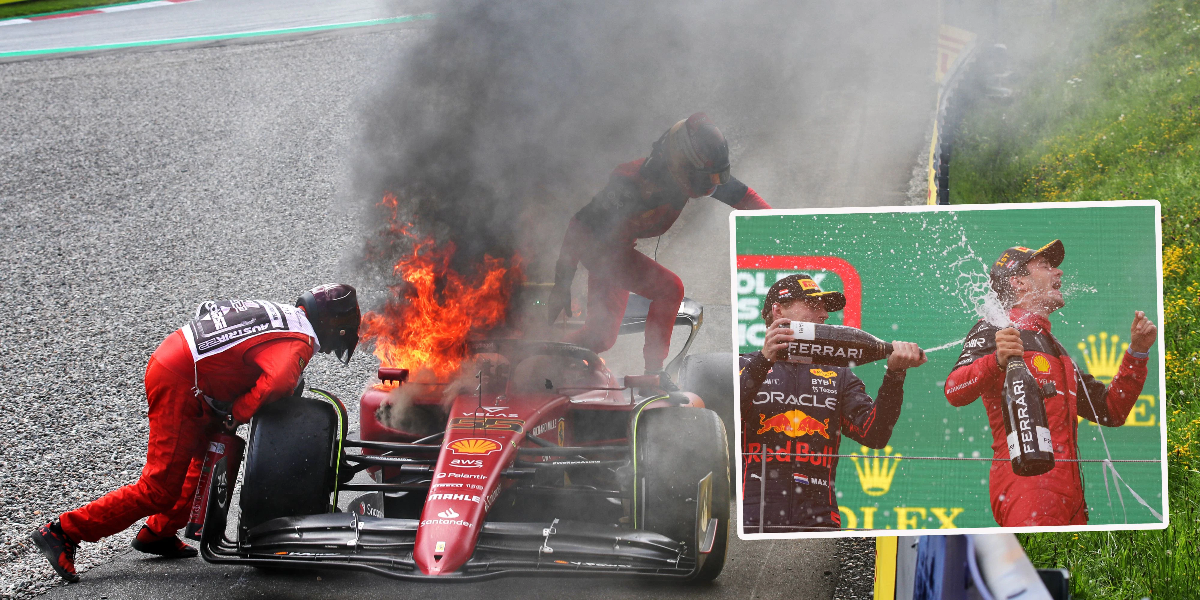 Carlos Sainz klettert aus dem brennenden Boliden. Charles Leclerc siegt vor Max Verstappen.
