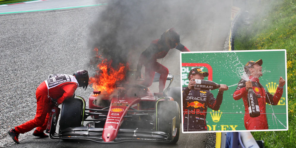 Carlos Sainz klettert aus dem brennenden Boliden. Charles Leclerc siegt vor Max Verstappen.