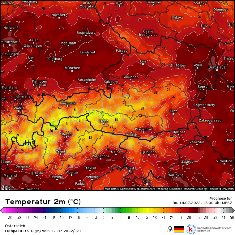 Temperaturprognose für Donnerstag, 14. Juli 2022, 15 Uhr. 