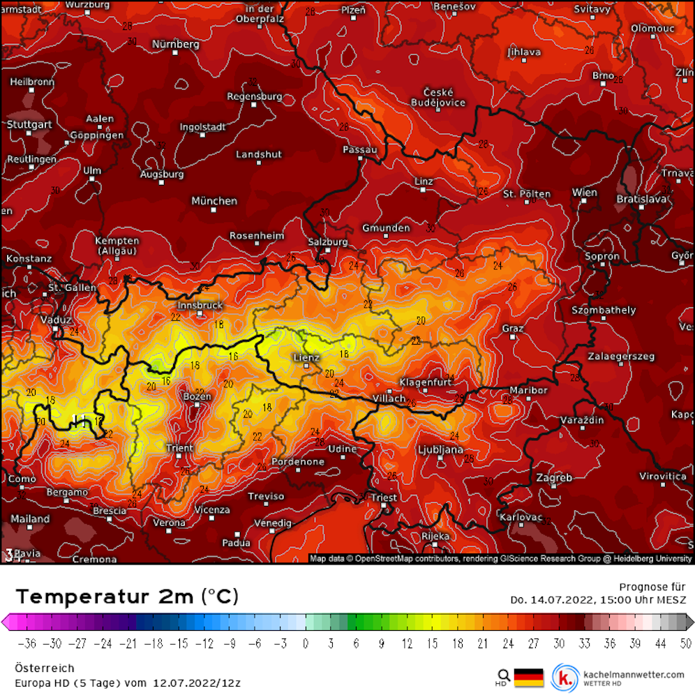 Temperaturprognose für Donnerstag, 14. Juli 2022, 15 Uhr. 