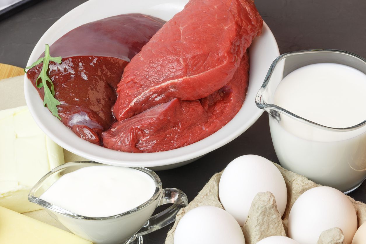 Healthy food, foods rich in vitamin D, omega 3 and protein, chicken eggs, raw beef, cow's liver, dairy products sour cream milk cream, butter, cheese. Keto diet