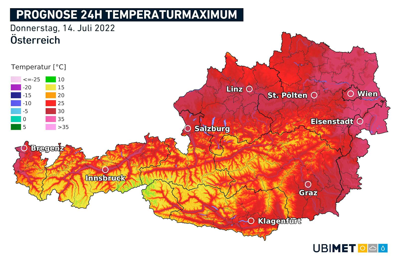 Hitzeprognose für Donnerstag, 14. Juli 2022.
