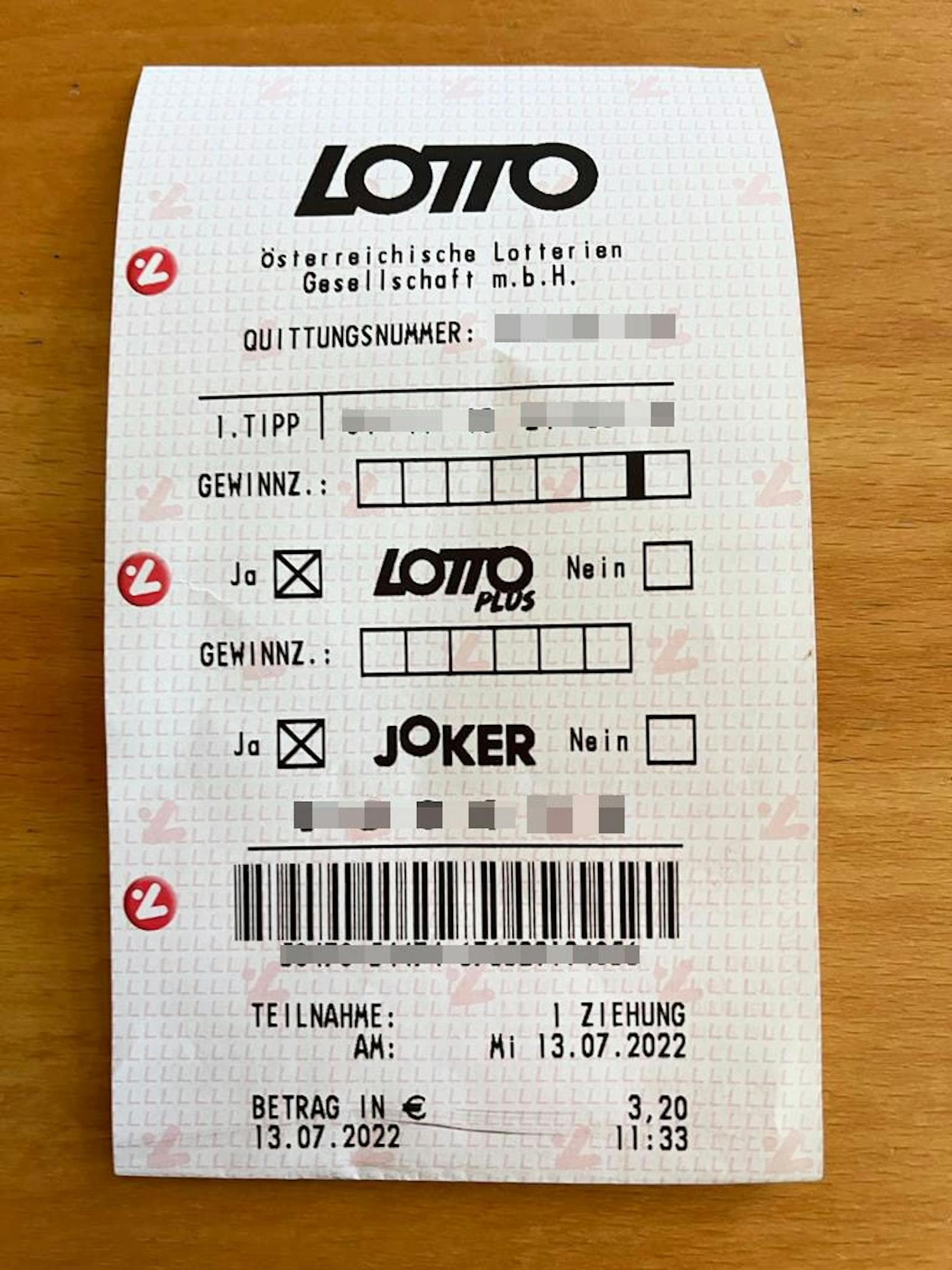 Ein Lotto-Tipp mit LottoPlus und Joker: 3,20 Euro