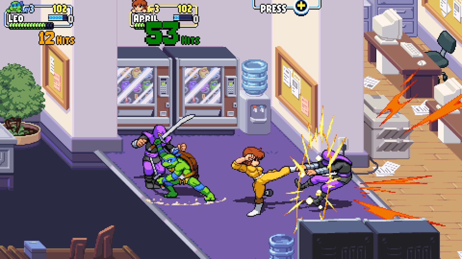 Stilistisch angelehnt ist das Game dabei an die von Konami in den 1980er und 1990er Jahren entwickelten Arcade- und Heimkonsolenspiele. "Shredder's Revenge" ist also ein Side-Scrolling-Action-Brawler mit einem verpixelten Artstyle.