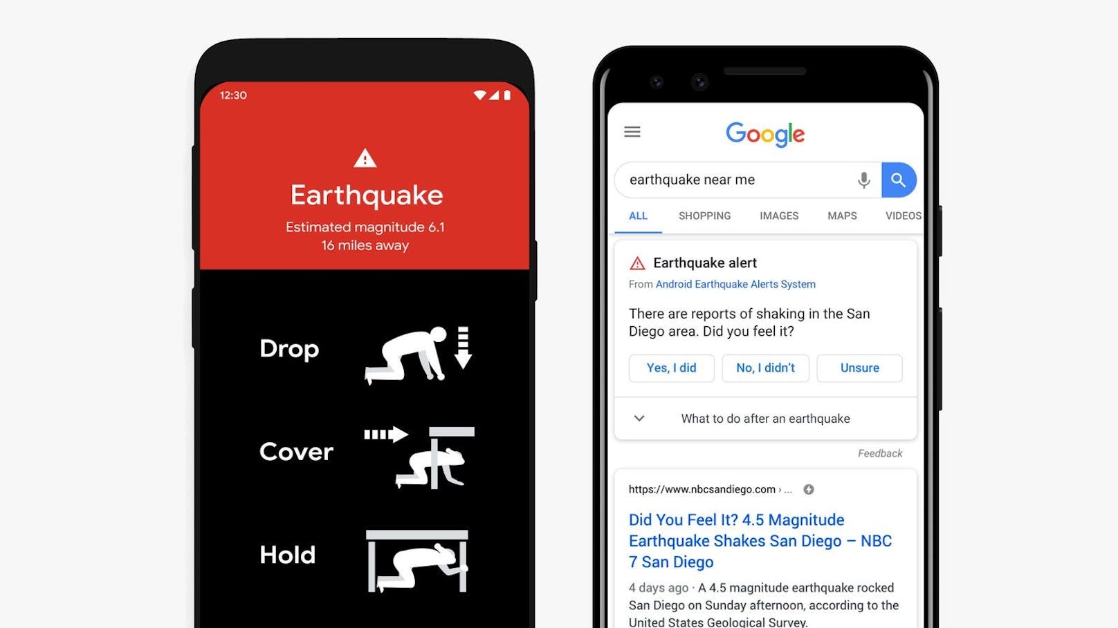 Und so sieht die Erdbebenwarnung von Google aus.