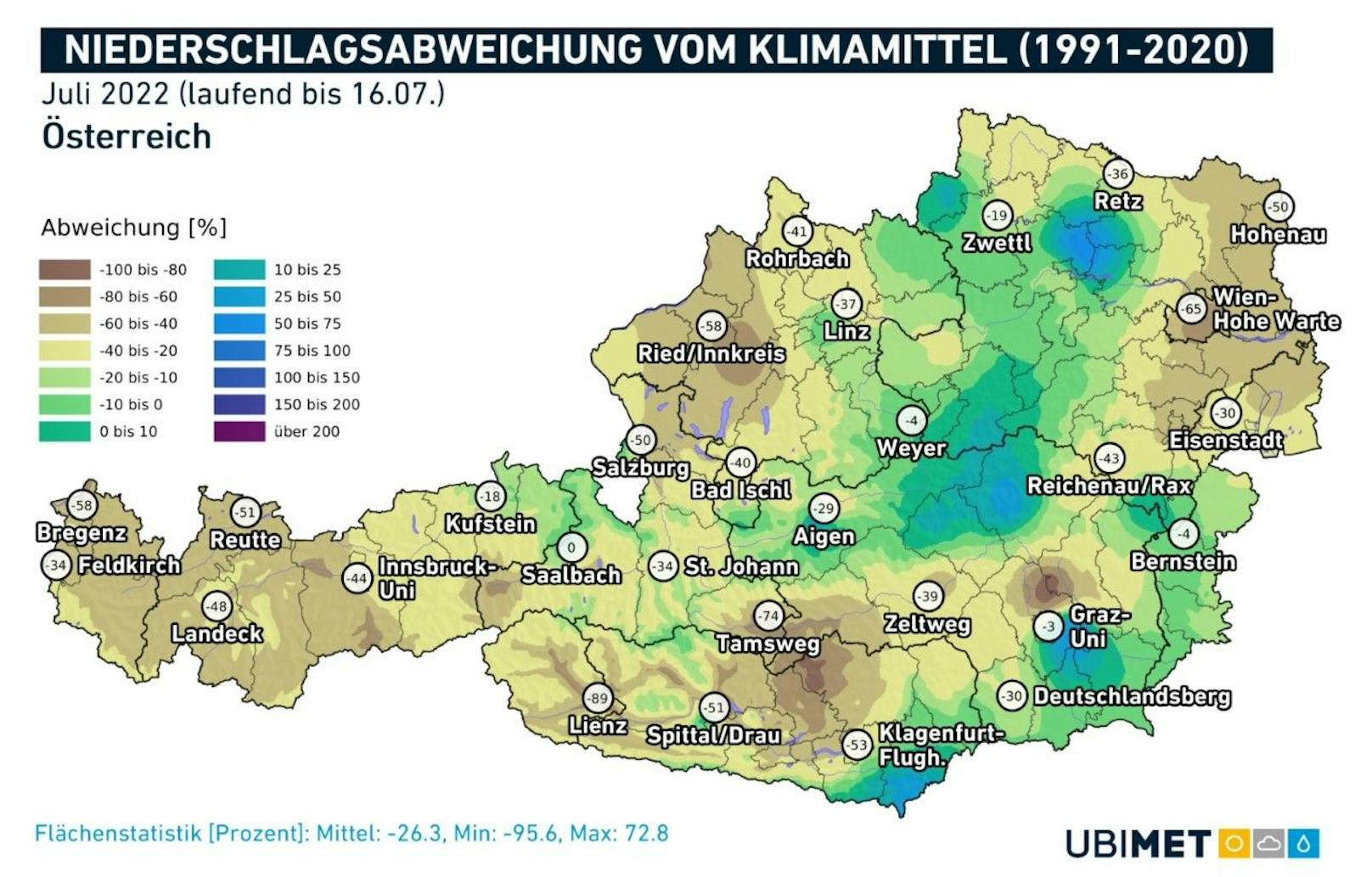 So sieht die Niederschlagsabweichung in Österreich im langjährigen Mittel aus.