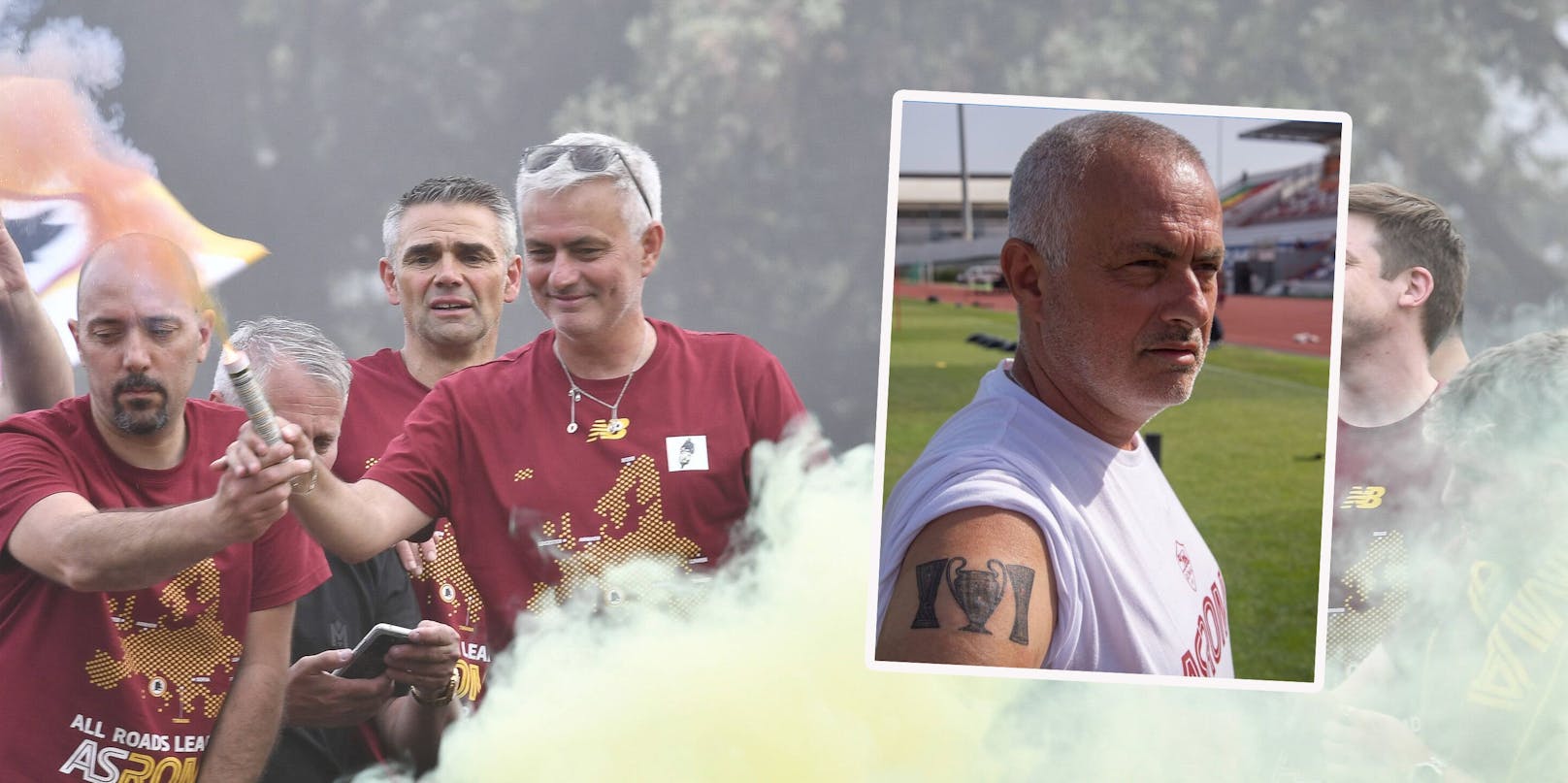 Jose Mourinho bei der Titel-Party mit der Roma und mit seinem neuen Tattoo.