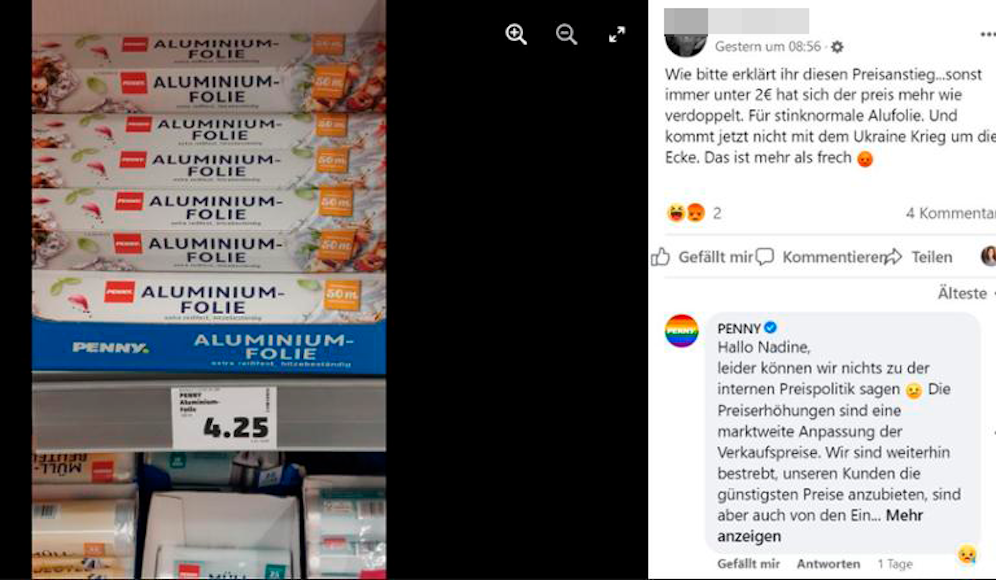 Eine Penny-Kundin beschwert sich über die hohen Preise für Alufolie: 
