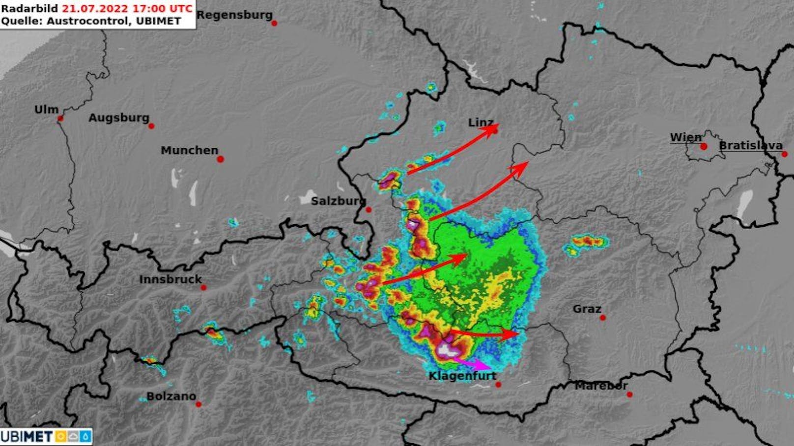 Die heftige Unwetter-Zange auf dem Radarbild gegen 17 Uhr.