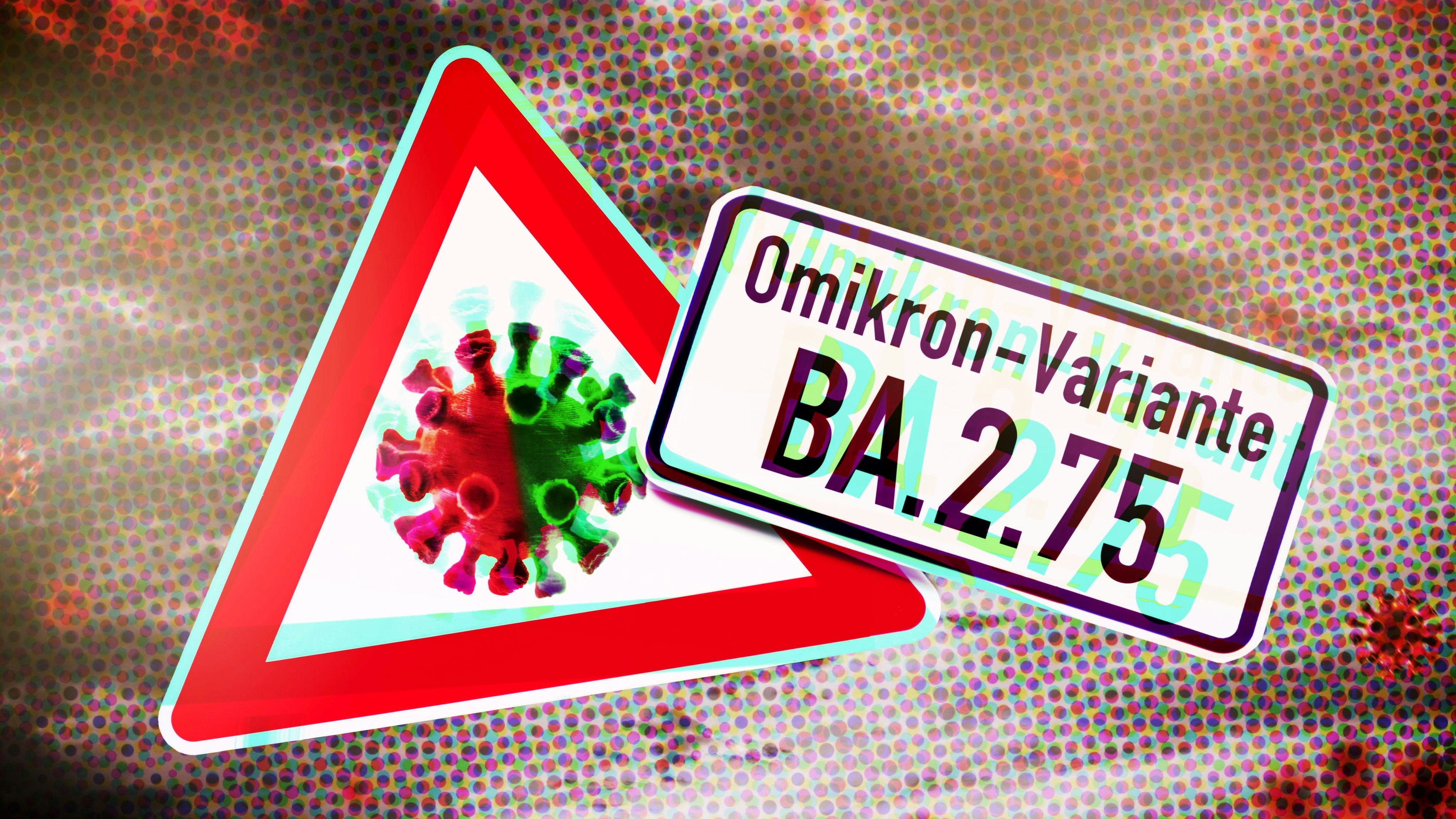 Download von www.picturedesk.com am 22.07.2022 (19:21).  ACT -- Schild mit Aufschrift Omikron-Variante BA.2.75 und Coronavirus-Symbol / action press - 20220708_PD2883 - Rechteinfo: Rights Managed (RM)