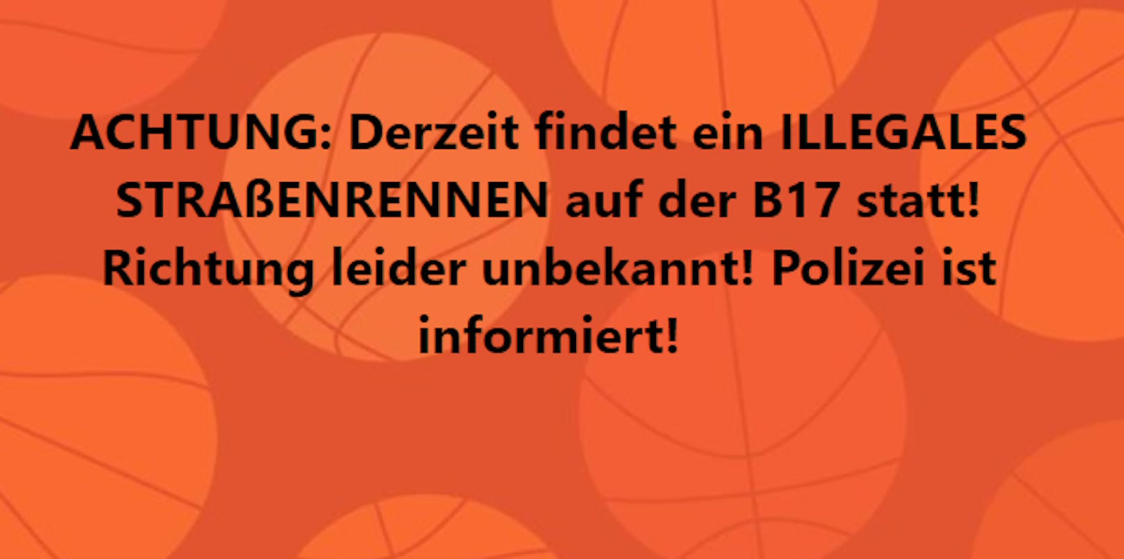 Ein FB-User informierte die Community über das Straßenrennen.