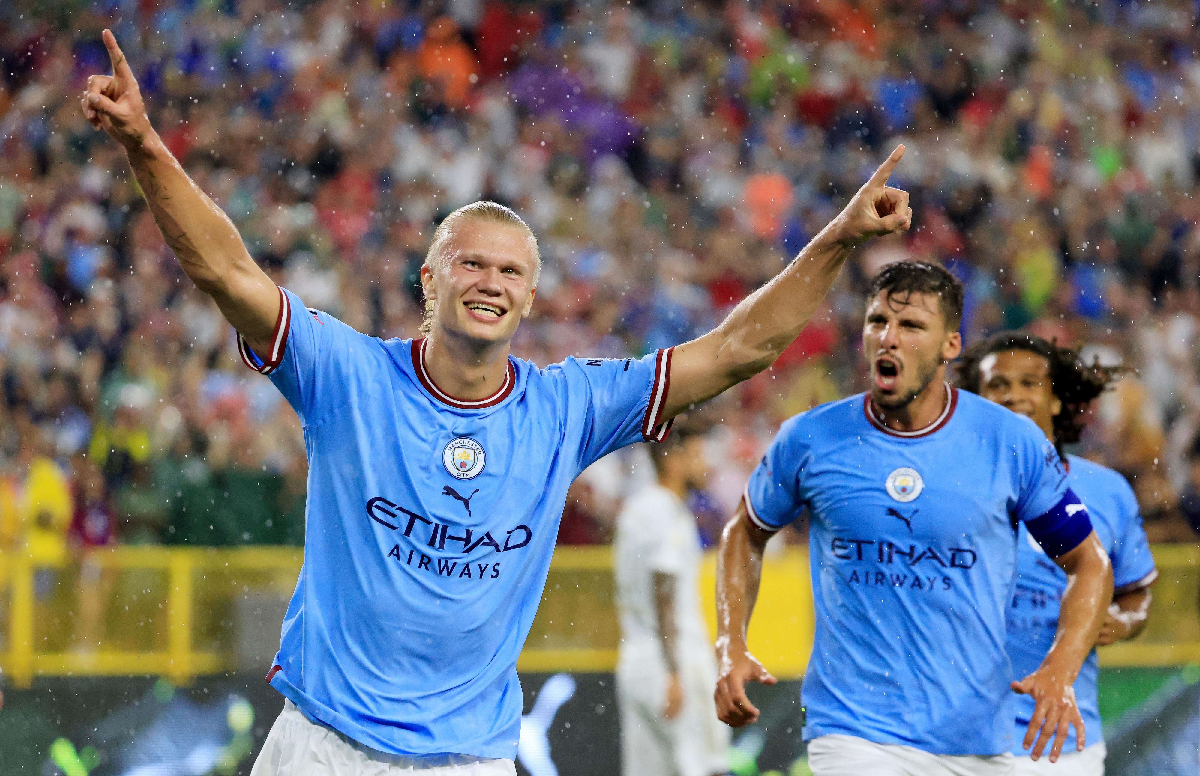 Manchester-City-Star Erling Haaland jubelt im Gewitter gegen die Bayern