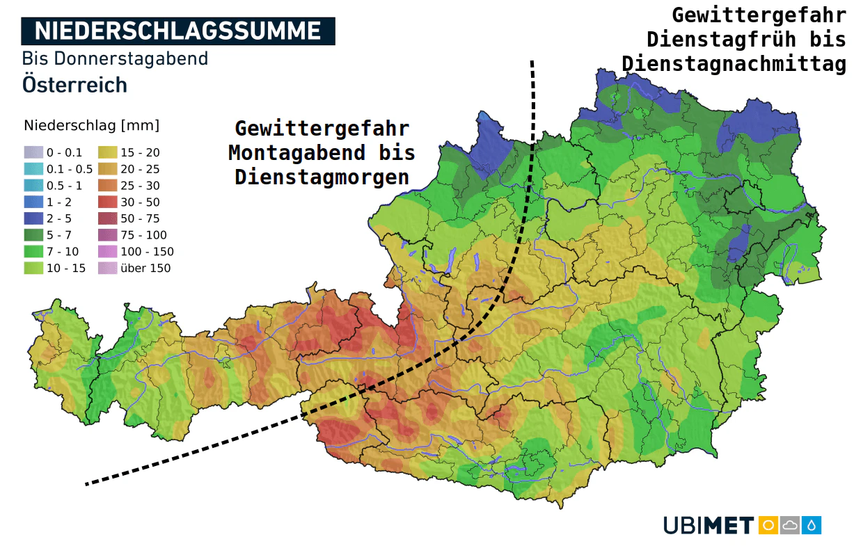 Prognose der Niederschlagssumme bis Donnerstagabend.