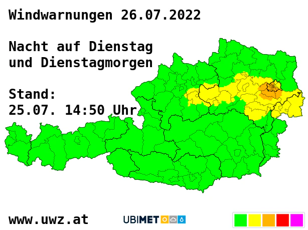 Windwarnungen für die Nacht auf Dienstag und den Dienstagmorgen, Stand 25.07. um 14:50 Uhr.