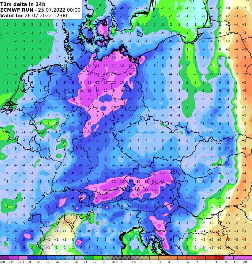 2 Meter Temperaturdifferenz zwischen Dienstag 14 Uhr und Montag 14 Uhr in Grad Celsius.