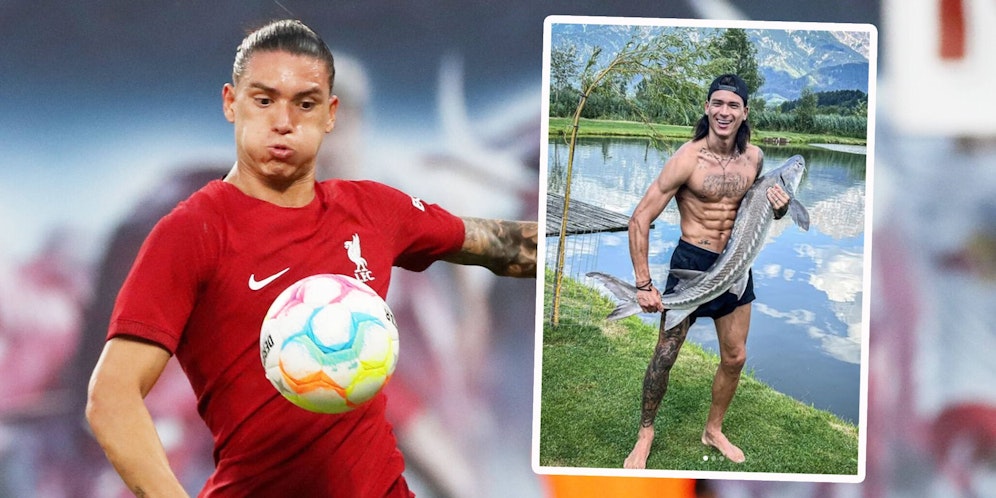 Darwin Nunez posiert in Saalfelden mit seinem Fang.