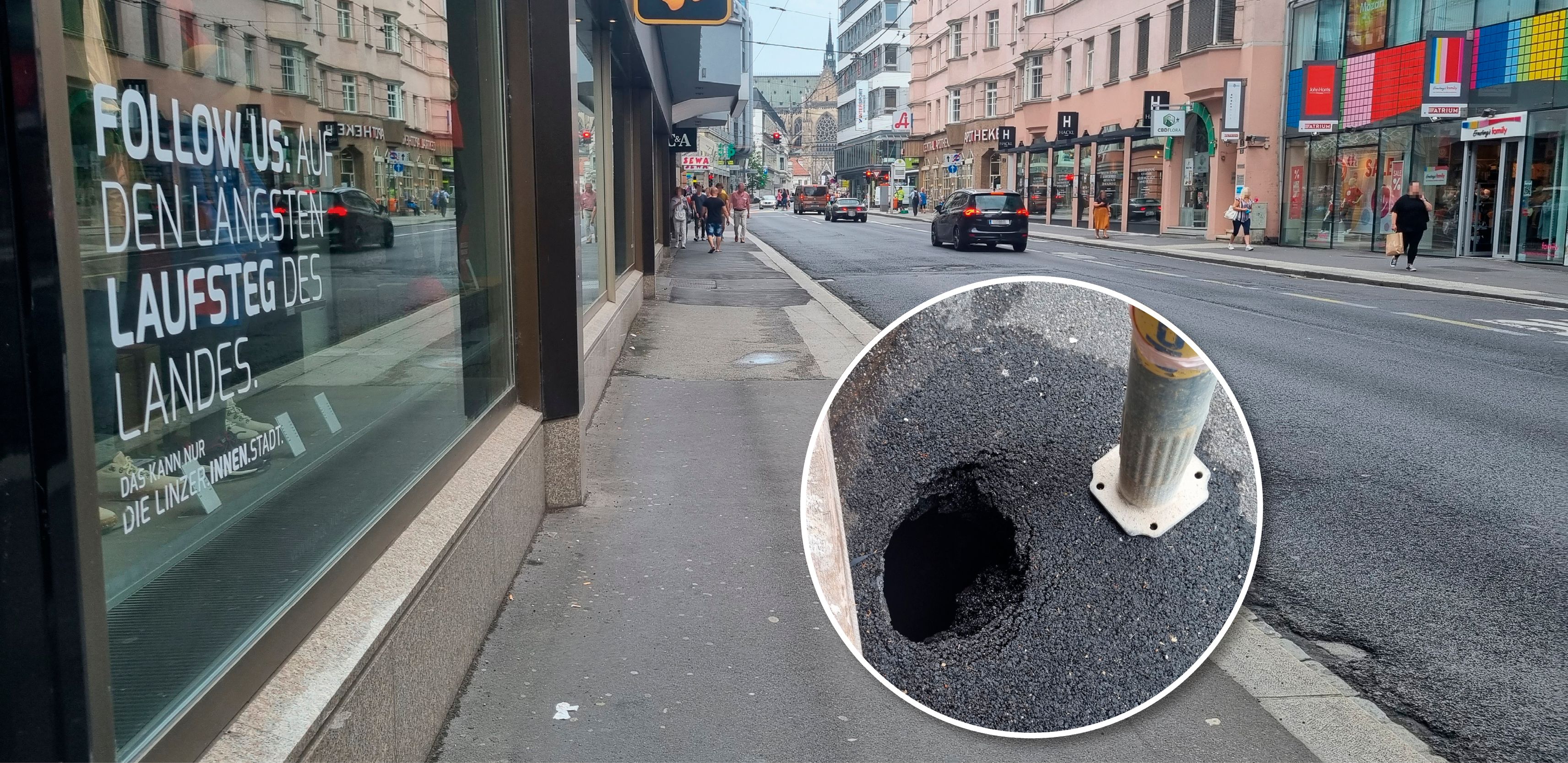Sinkhole in der Linzer Mozartstraße: Durch die Hitze wurde der Asphalt aufgeweicht und es entstand ein Loch.