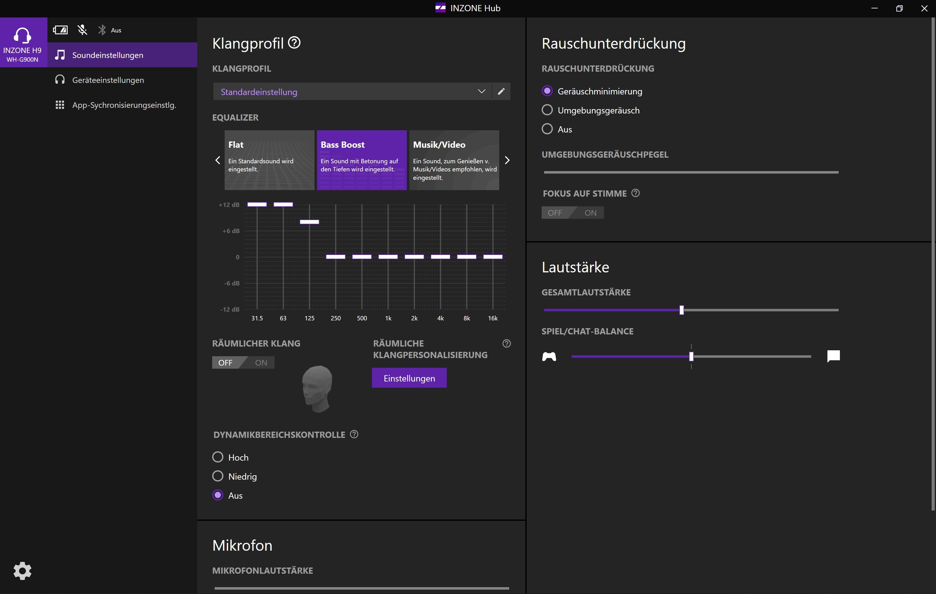 Über die Inzone-Software lassen sich am PC wieder Dutzende Kopfhörer-Einstellungen vornehmen, inklusive Audiomodi und Dynamikbereich.