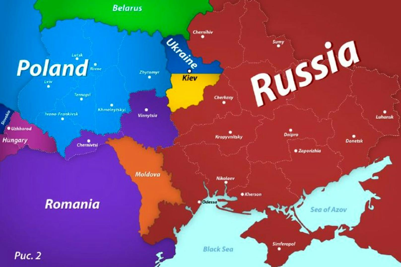 ...einer vollkommen wirren Grafik über die Aufteilung ukrainischer Provinzen zwischen Russland, Polen, Ungarn und Rumänien.