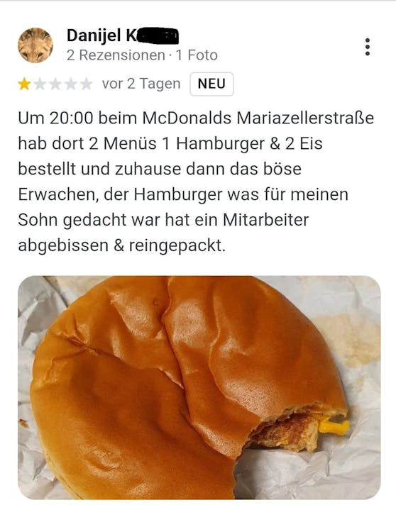 Schlechte Bewertung für angebissenen Burger.