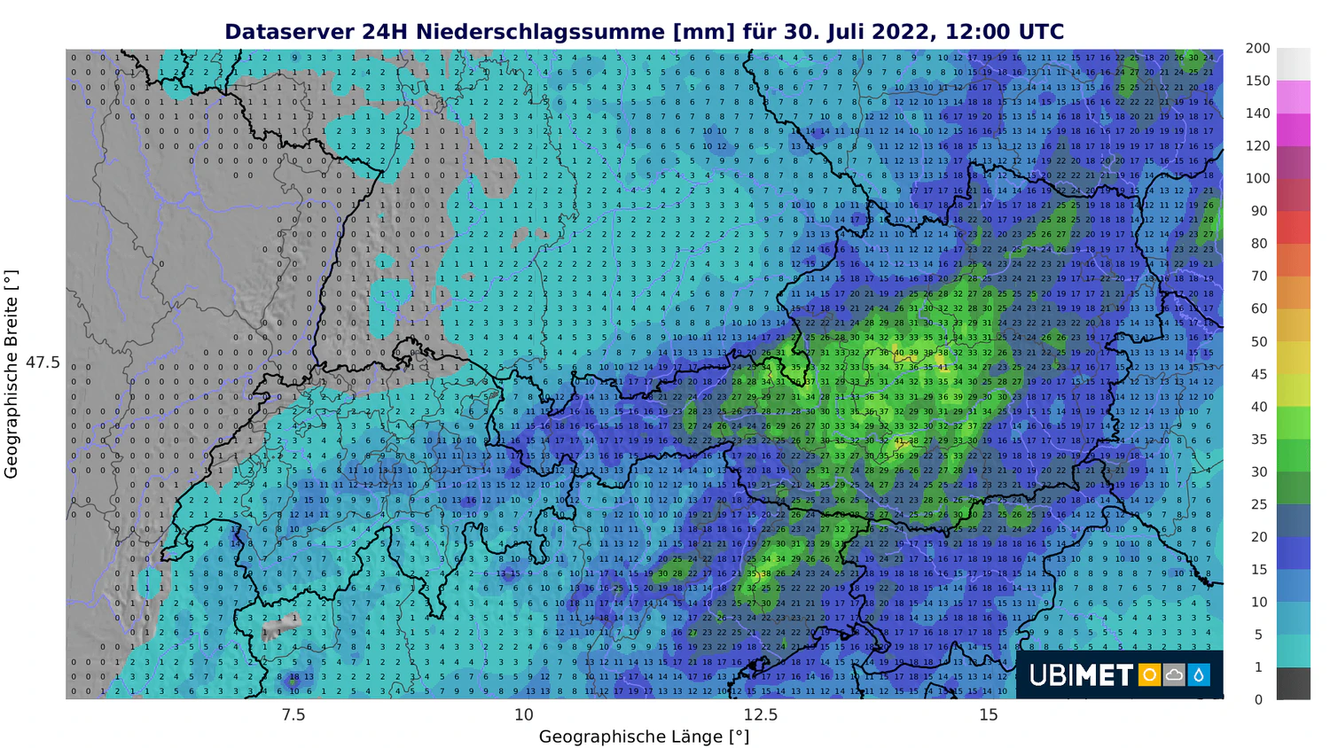 Prognose der 24-stündigen Regenmenge bis Samstagmittag im gewichteten Mittel mehrerer Wettermodelle.