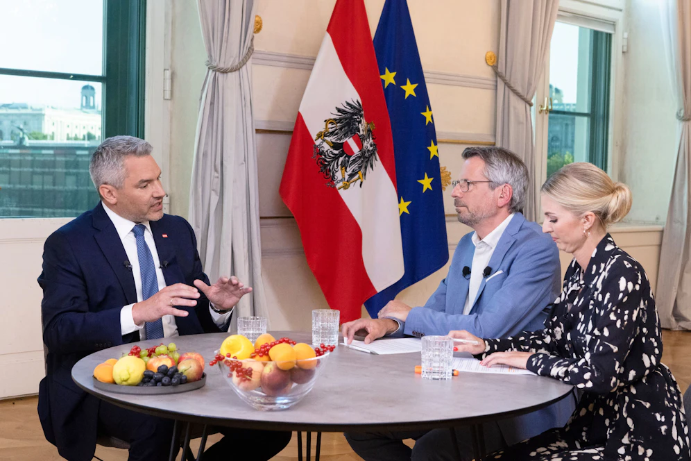 VP-Chef Karl Nehammer im PULS24-Sommergespräch am 28. Juli 2022.