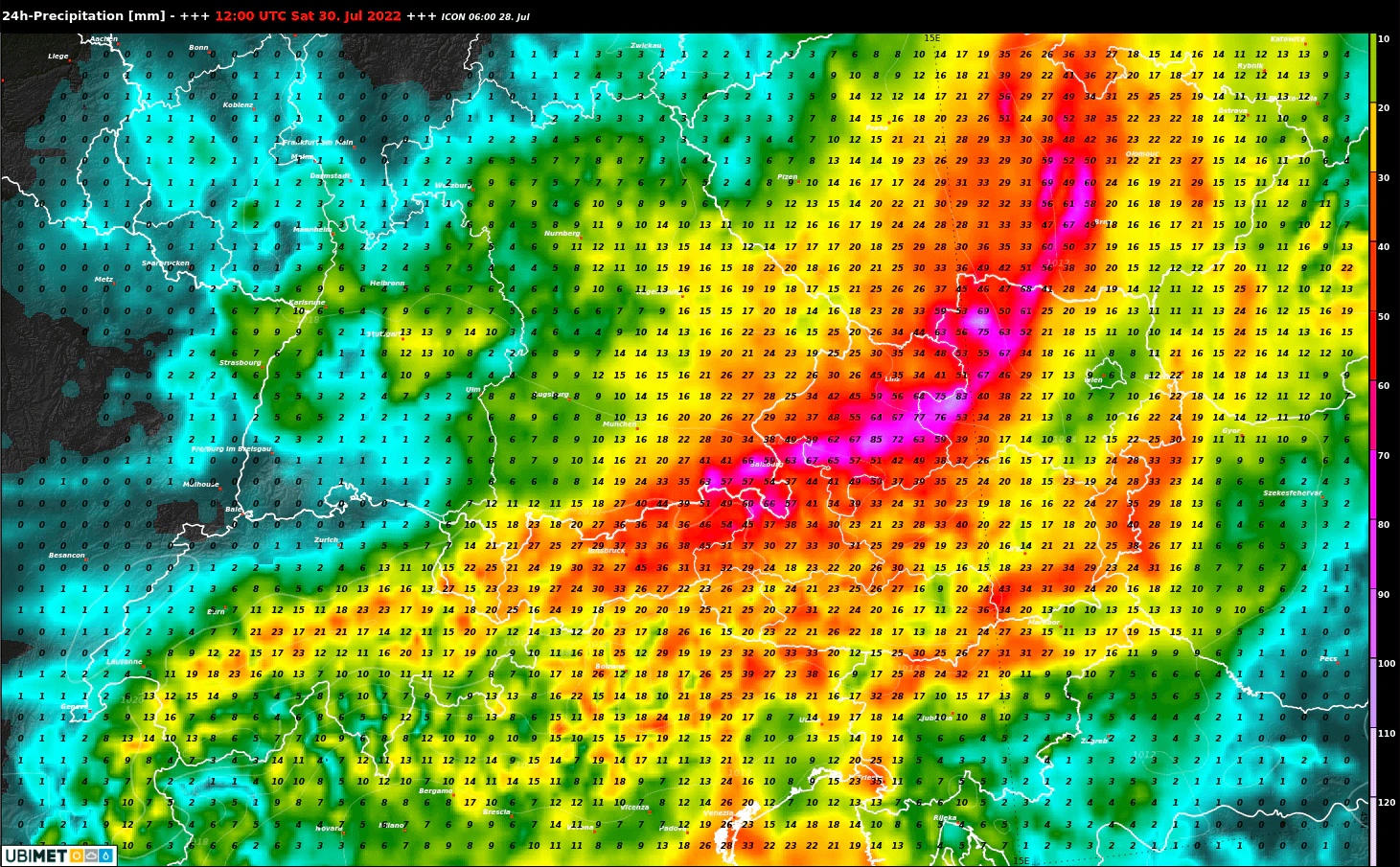 Prognose der 24-stündigen Regenmenge bis Samstagmittag nach dem ICON-Modell.