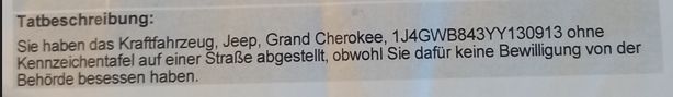 Strafauszug: Jeep ohne Kennzeichentafel und ohne Bewilligung abgestellt.