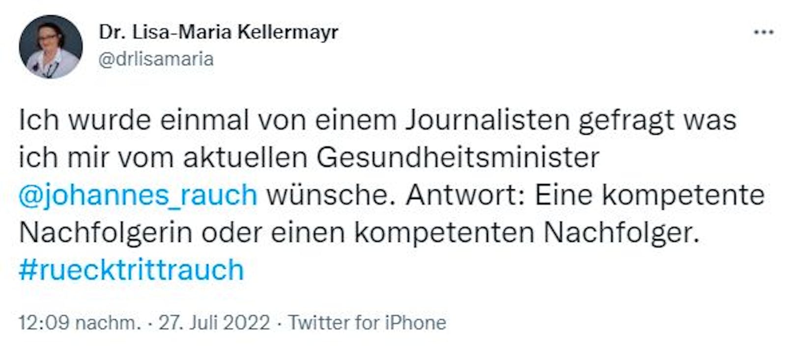 Ihr letzter Twitter-Eintrag vor ihrem Tod: sie forderte den Rücktritt von Gesundheitsminister Rauch, der sie ebenfalls in dieser Lage alleine gelassen hatte.