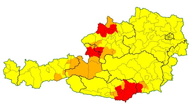 Aktuelle Gewitter-Warnungen in Österreich. 29. Juli, 21 Uhr.