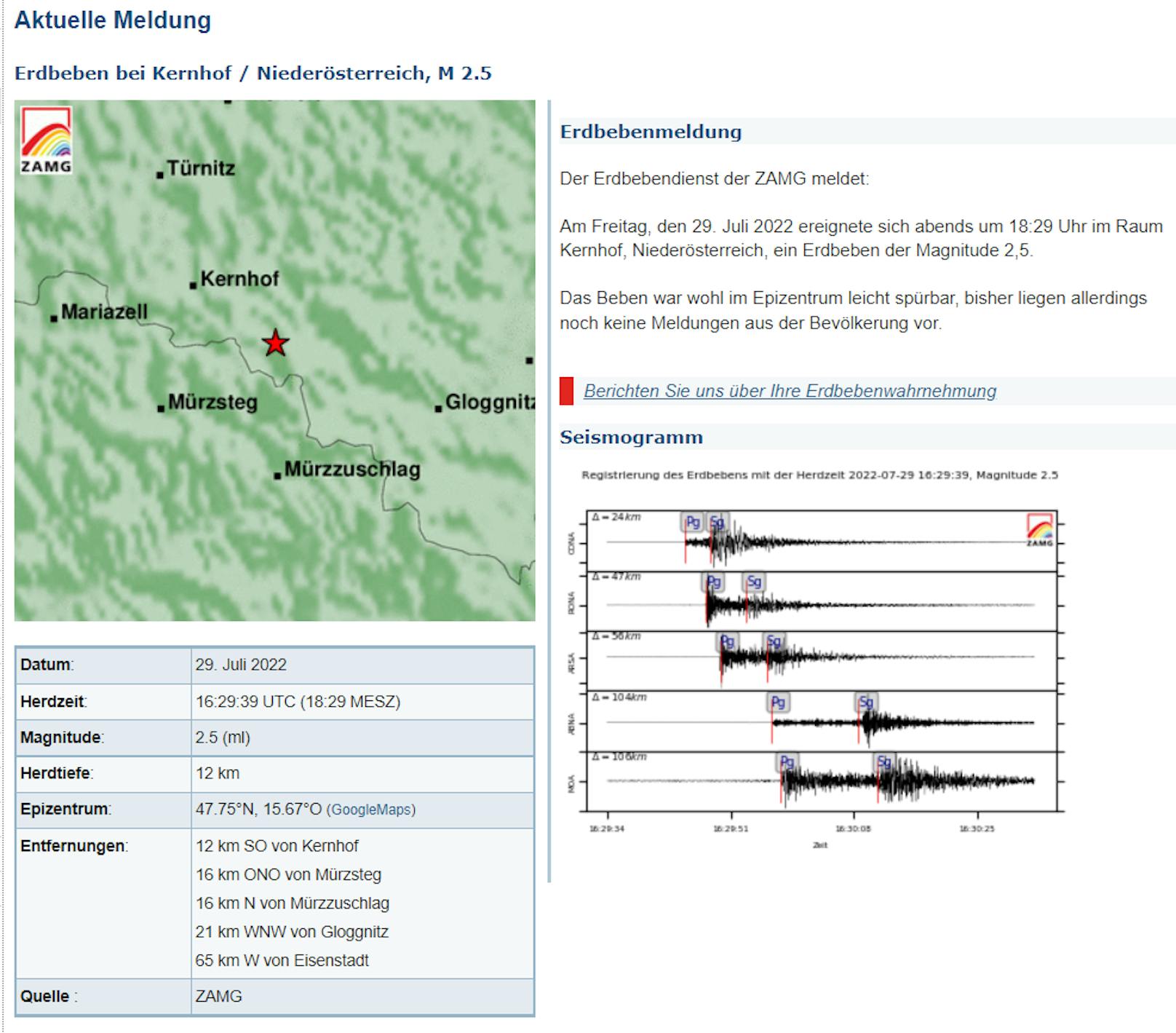 Der Erdbeben-Bericht der Zentralanstalt für Meteorologie und Geodynamik.