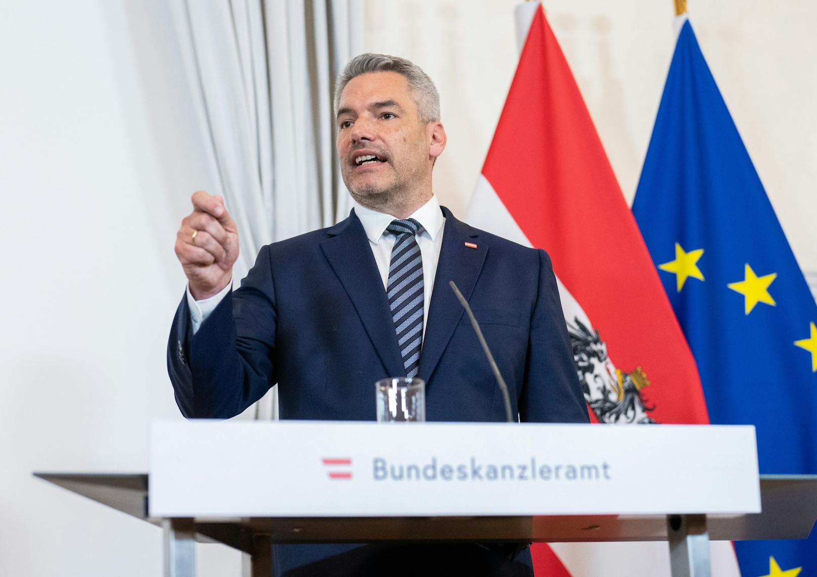 Bundeskanzler Karl Nehammer (ÖVP) im Rahmen eines Pressetermins Ende Juli in Wien. 